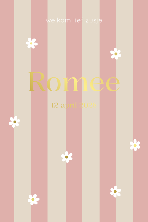 Geboortekaartje meisje beige roze strepen bloemen