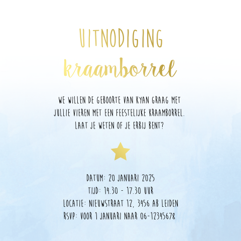Kraamfeest uitnodiging kaartje blauw vierkant met goudfolie