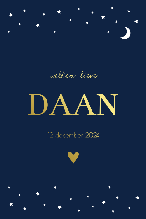 Geboortekaartje jongen donkerblauw sterrenhemel met goudfolie