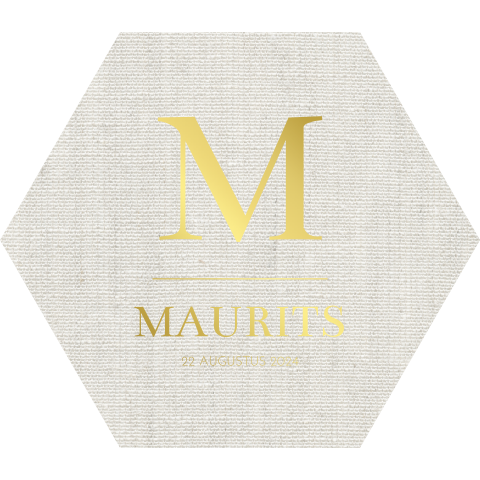 Geboortekaartje zeshoek linnen neutraal goudfolie