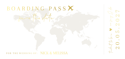Save the date kaart bruiloft boarding pass wereldkaart goudfolie