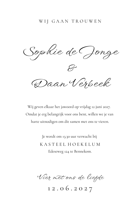 Trouwkaart klassiek wit zwart lint