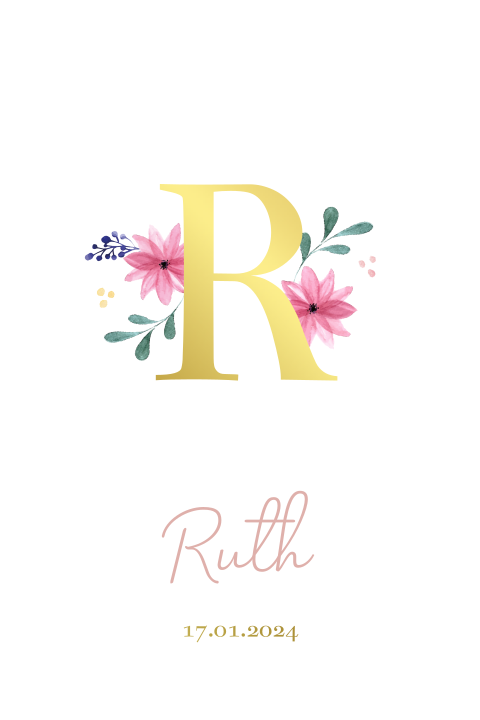 Geboortekaartje meisje letter bloemen goudfolie