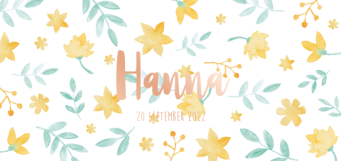 Geboortekaartje meisje geel met vrolijke watercolor bloemen