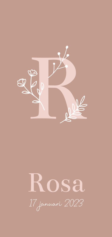 Geboortekaartje meisje oud roze met letter en bloemen
