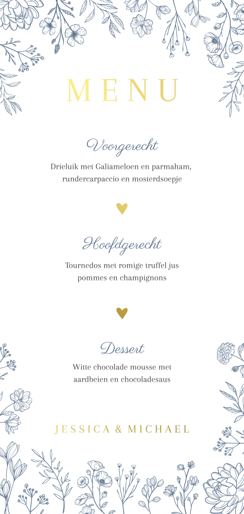 Menukaart bruiloft klassiek bloemen blauw