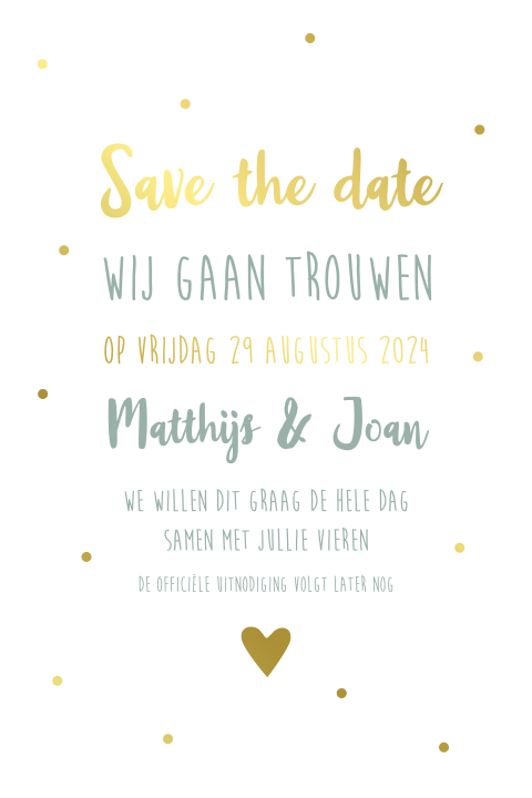 Save the Date groen met goudfolie stipjes