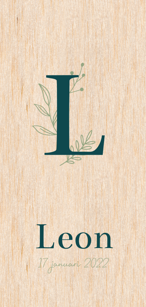 Geboortekaartje jongen botanisch met letter takjes op hout