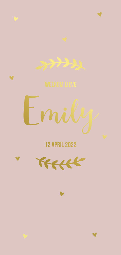 Geboortekaartje meisje oudroze hartjes goudfolie