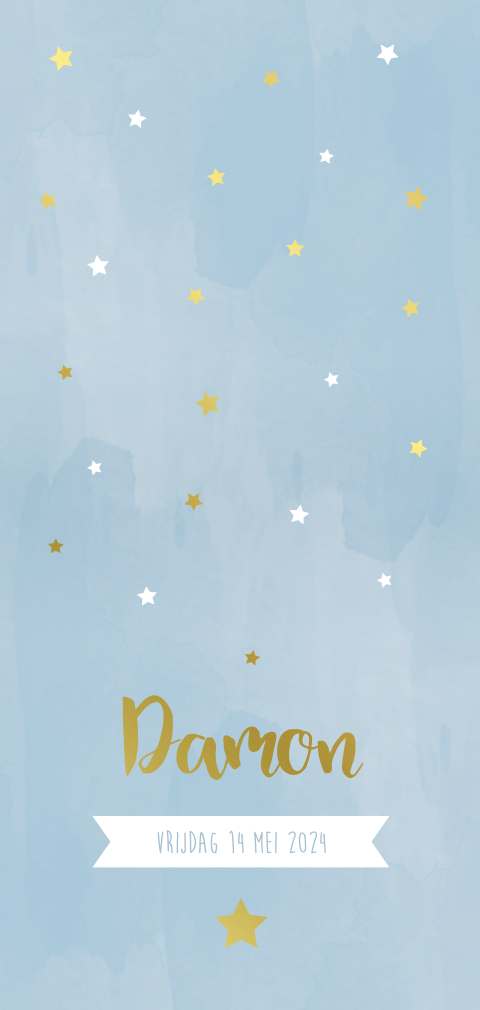 Geboortekaartje jongen watercolor blauw met sterren en goudfolie