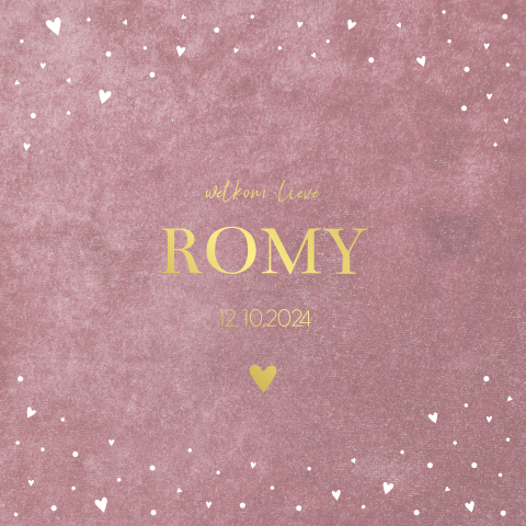 Geboortekaartje meisje velvet look oudroze - hartjes & goudfolie