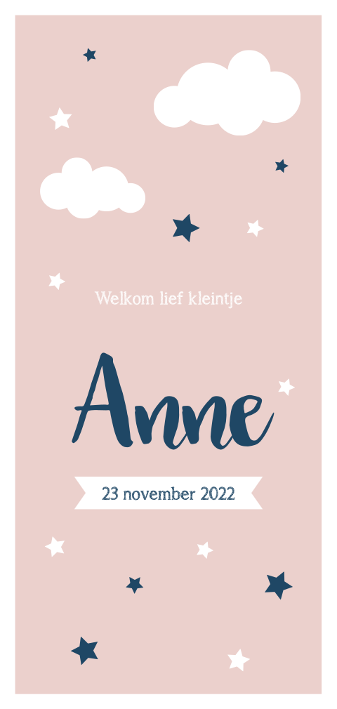 Geboortekaartje meisje roze met wolkjes en sterren