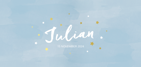 Geboortekaartje jongen watercolor blauw goudfolie & sterren