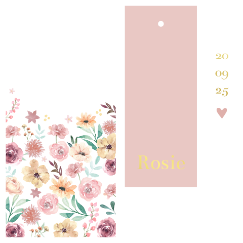 Geboorte-, label- en stapelkaart meisje bloemen goudfolie