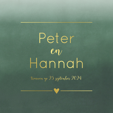 Trouwkaart met donkergroene watercolor achtergrond en goudfolie