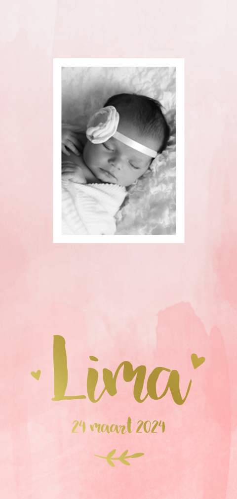 Geboortekaartje meisje roze watercolor met foto en goudfolie