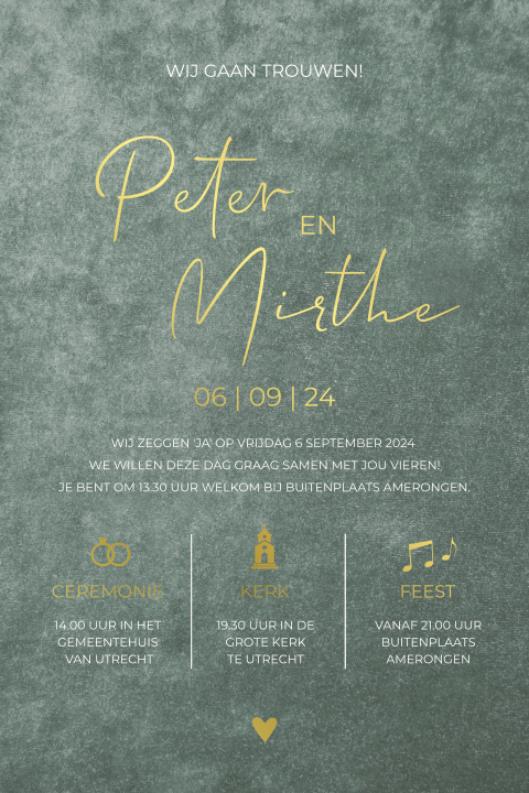 Trouwkaart met groene velvet look achtergrond en goudfolie