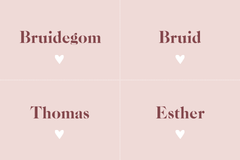 Naamkaartjes lichtroze met bordeaux rood en hartje