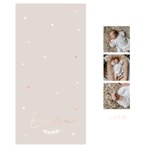 Geboortekaartje labelkaart fotostrip hartjes neutraal rosefolie