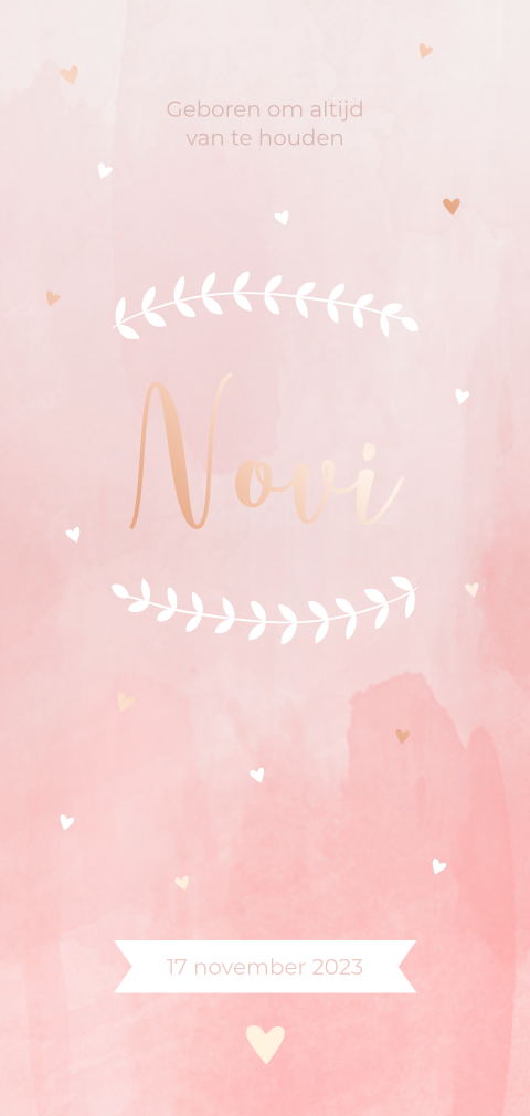 Geboortekaartje meisje lichtroze watercolor hartjes rosefolie