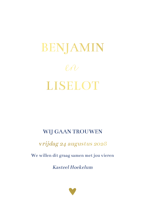 Trouwkaart feestgasten goudfolie Classic Blue