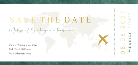 Save the date kaart bruiloft boarding pass wereldbol groen goudfolie