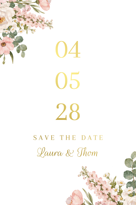 Save the date kaart pastel bloemen goudfolie