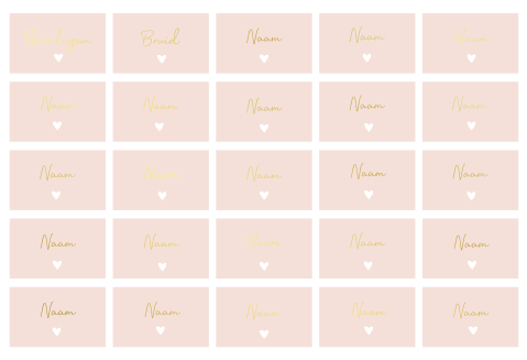NAAMKAARTJES ROZE, GOUDFOLIE en wit hartje - 25 STUKS 8X5 CM