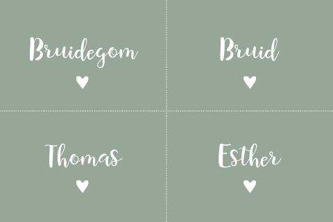 Naamkaartjes groen met wit modern hartje - 4 stuks per vel
