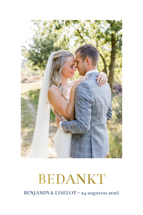 Bedankkaart bruiloft klassiek foto blauw goudfolie