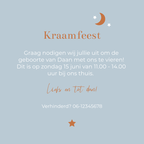 Kraamfeest uitnodiging Daan blauw roest bruin maan sterren