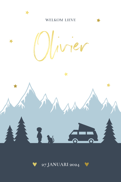 Geboortekaartje jongen - bergen, camper & goudfolie sterren