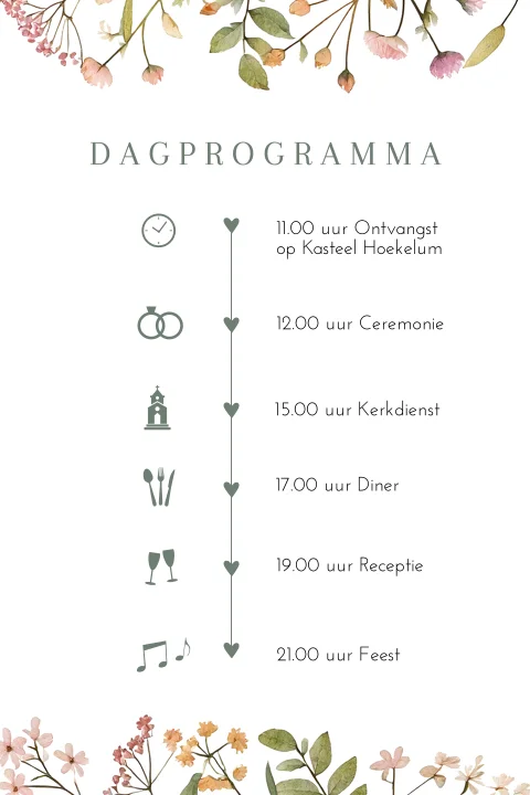 Trouwkaart dagprogramma pastel bloemen