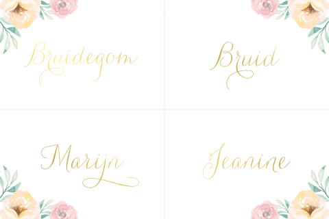Naamkaartjes bloemen watercolor goudfolie trouwhuisstijl