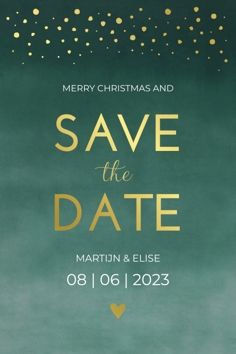 Save the date kerstkaart donkergroen met lampjes en goudfolie