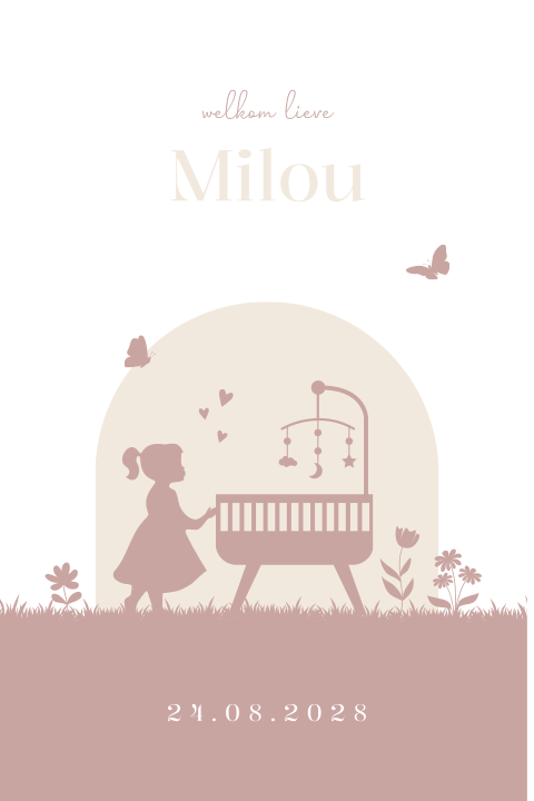 Geboortebord dubbel 60x40 Milou silhouet wiegje bloemen