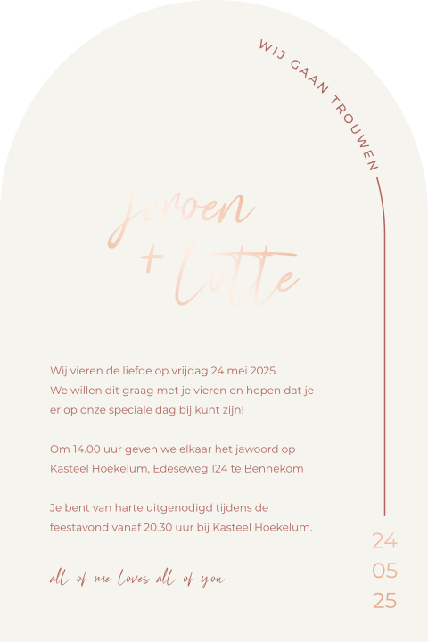 Trouwkaart feestgasten boogvorm chique rosefolie Romantic rose