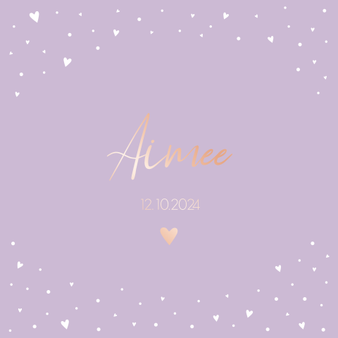 Geboortekaartje meisje lila met hartjes en rosefolie