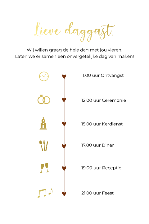 Trouwkaart inlegkaart kalkpapier dagprogramma goudfolie tijdlijn