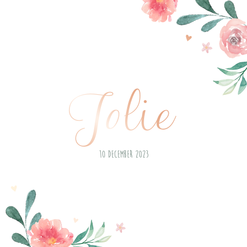 Geboortekaartje meisje met watercolor bloemen en rosefolie