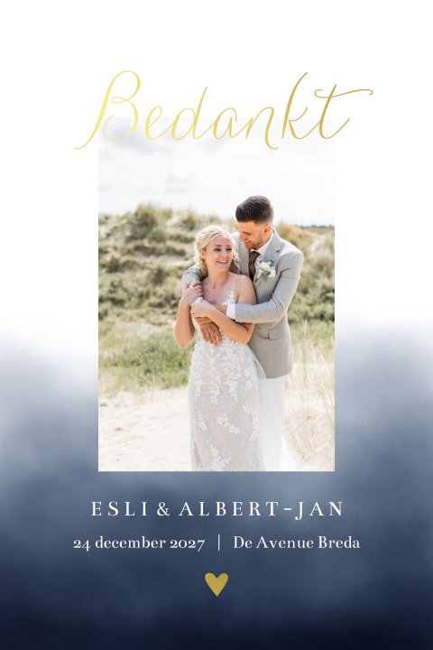 Bedankkaart bruiloft watercolor blauw goudfolie foto
