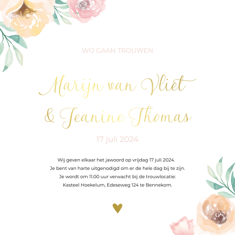 Pocketfold trouwkaart inlegkaart watercolor bloemen goudfolie