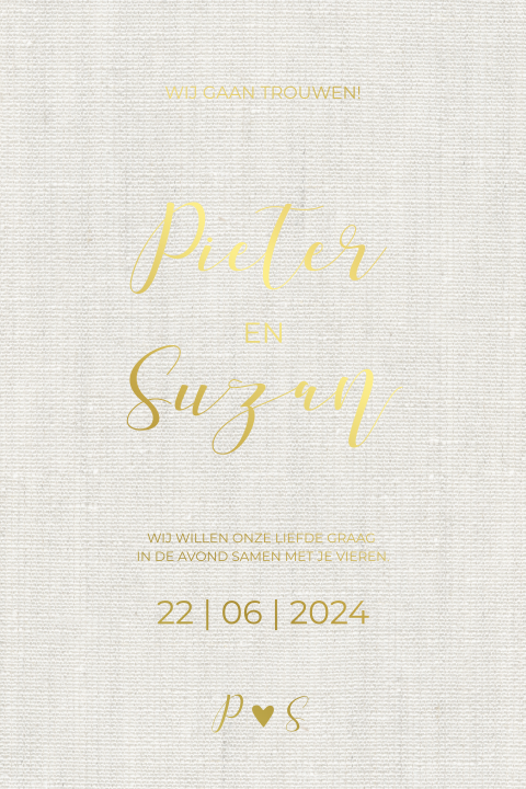 Trouwkaart linnen achtergrond met goudfolie en ronde hoeken