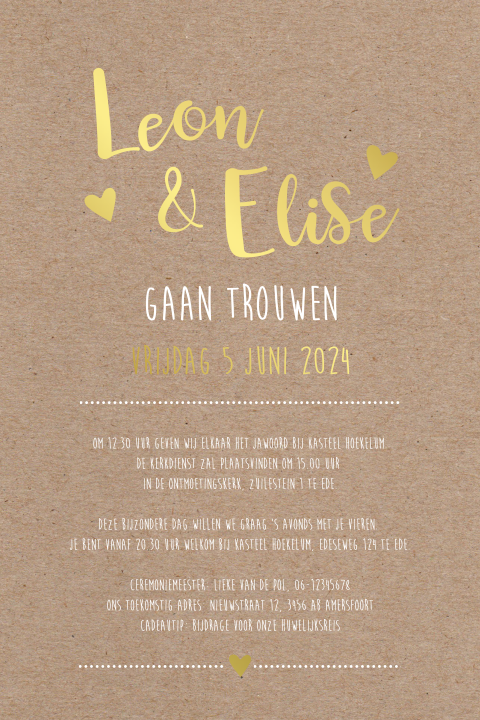 Trouwkaart met kraft achtergrond en goudfolie