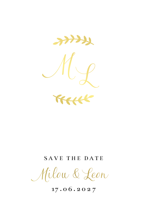 Save the date kaart trouwlogo krans takje goudfolie