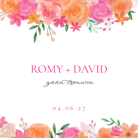 Trouwkaart watercolor bloemen kleurrijk roze oranje