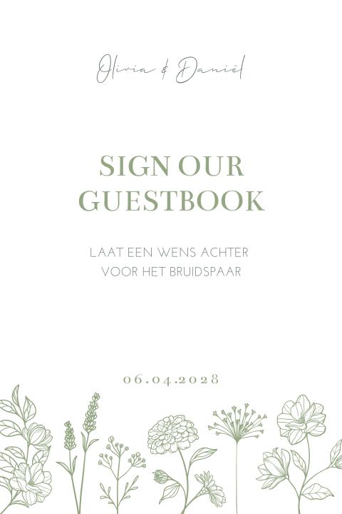 Kaart bij gastenboek bloemen groen