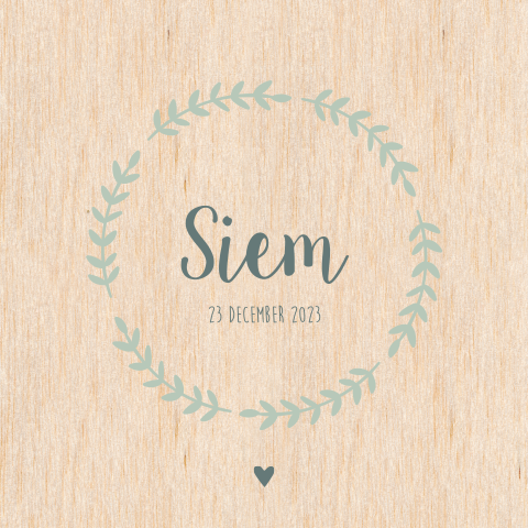 Geboortekaartje jongen op hout met botanische krans met takjes