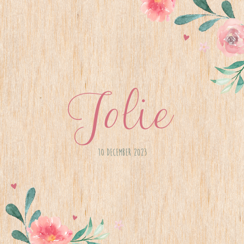 Geboortekaartje meisje romantisch watercolor bloemen op hout