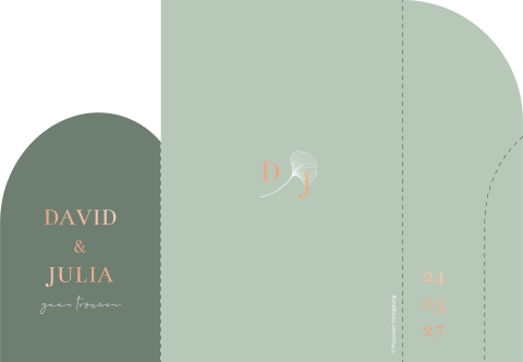 Trouwkaart mapje boogvorm deurtjes ginkgo groen rosefolie 